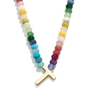 BaubleBar Semi-Precious Block Initial Necklace for Women – Colorful Personalized Necklaces, Custom Pendant Necklace w/Natural Gemstones, Beaded Necklace, Fashion Jewelry(T)
